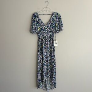 Lola Grace Floral Midi Dress Small Puff Sleeves V-Neck Smocked NWT